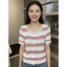 批发渐变彩虹条纹冰丝<b class='q'>针织</b>衫女2026夏季薄款短袖t恤小衫显瘦洋气<b class='q'>开衫</b>