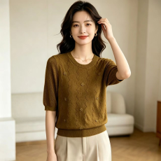 批发<b class='q'>妈妈装</b>夏季薄款短袖针织衫女均码宽松洋气上衣休闲撞色冰丝