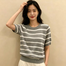 批发新款夏季天丝条纹针织短袖女毛衣毛衫圆领上衣女装