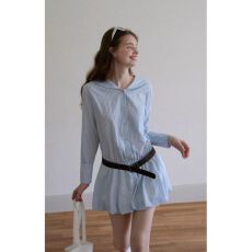 批发韩系海军领条纹长袖衬衫<b class='q'>连衣裙</b>女秋甜美浅蓝A字花苞短裙2026早春