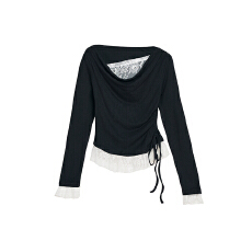 批发新款法式假两件荷叶边长袖<b class='q'>T</b>恤衫女独特蕾丝拼接炸街修身上衣