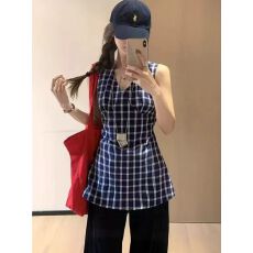 批发复古蓝色格子无袖吊带背心女夏季新款小个子独特别致收腰外穿上衣