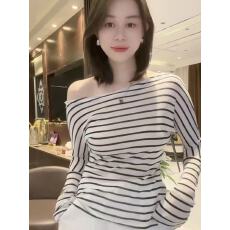 批发韩系斜领条纹长袖T恤女2026年夏季新款露肩宽松薄款罩衫上衣