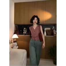 批发法式复古格子无袖衬衫女2026夏季新款设计感小众宽松休闲衬衣上衣