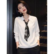 批发2026春季新款优雅风系带拼色设计感长袖上衣通勤风显瘦百搭衬衫潮