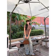 批发夏季新款复古格纹泡泡短袖<b class='q'>衬衫</b>女春<b class='q'>蝴蝶结</b>绑带收腰别致休闲上衣