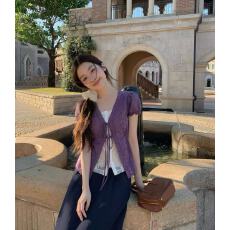 批发紫色镂空假两件韩系设计感<b class='q'>蕾丝</b>拼接短袖上衣修身显瘦层次系带衬衫