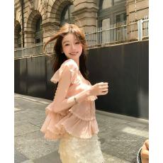 批发伊甸园游记'蕾丝边飞袖雪纺衫女夏季新款高级感纱网上衣