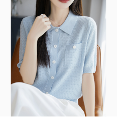 批发夏季翻领羊毛纯色短袖开衫女宽松显瘦polo领休闲针织半袖T恤<b class='q'>上衣</b>
