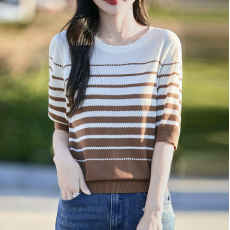 批发条纹短袖t恤妈妈夏装女装2025新款薄款针织衫品牌天丝莱赛尔<b class='q'>上衣</b>