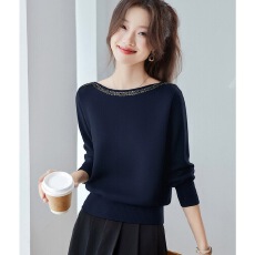 批发高级感钉珠针织<b class='q'>t</b><b class='q'>恤</b>打底衫女2025新款秋冬洋气内搭气质一字肩上衣