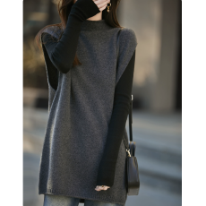 批发极简风半高领<b class='q'>中长款</b>纯羊毛针织马甲女宽松叠穿背心百搭毛衣坎肩潮