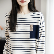 批发法式经典条纹针织打底衫女2025新款宽松时尚洋气内搭毛衣长袖潮