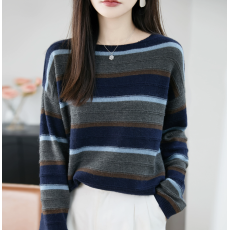 批发法式撞色条纹复古长袖<b class='q'>针织衫</b>女圆领慵懒风毛衣2025新款加厚打底衫