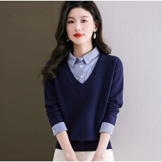 批发羊毛衫假两件上衣女2025新款宽松洋气衬衫领针织打底毛衣