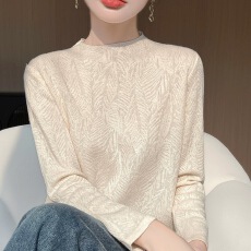批发设计感雕花半高圆领<b class='q'>针织衫</b>长袖女内搭春秋2025新款打底衫薄款上衣