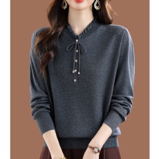 批发木耳边桑蚕丝长袖T恤女2025新款秋季中年妈妈洋气上衣针织打底衫