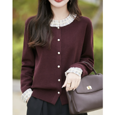 批发撞色减龄花边领<b class='q'>针织</b><b class='q'>开衫</b>女短外套毛衣25新款洋气外搭精纺细毛上衣