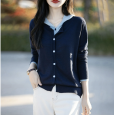 批发高级感撞色假两件连帽<b class='q'>针织</b><b class='q'>开衫</b>女短外套毛衣2025新款百搭减龄上衣