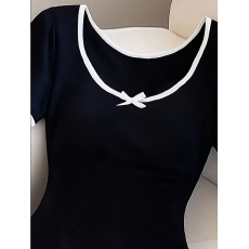 2026夏季新款纯欲风U领蝴蝶结短袖裙子收腰显瘦a字连衣裙小黑裙女