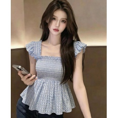 批发<b class='q'>夏季</b>法式独特超好看方领上衣小众设计感洋气减龄蓝色小飞袖衬衫女