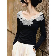 批发2026年早秋法式立体<b class='q'>花朵</b>蕾丝长袖<b class='q'>T</b><b class='q'>恤</b>女网纱黑色一字肩修身打底上