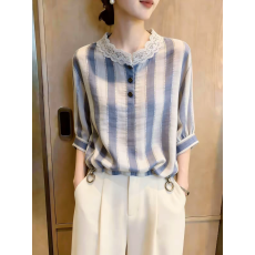 批发法式条纹<b class='q'>衬衫</b>女宽松蕾丝领气质上衣温柔风穿搭显白2026年夏季新款