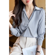 批发高级感蓝色醋酸缎面衬衫女长袖春秋<b class='q'>职业</b>通勤衬衣设计感上衣