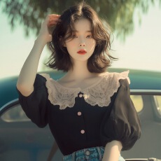 批发夏季小众法式独特别致绝美泡泡袖<b class='q'>雪纺上衣</b>减龄洋气黑色<b class='q'>娃娃领</b>衬衫