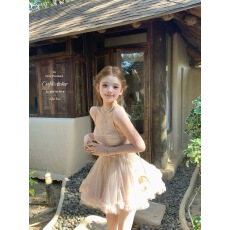 批发迟伞伞26/ss 桃乐丝舞曲 裸色花朵吊带蓬蓬芭蕾纱质连衣<b class='q'>裙</b>短<b class='q'>裙</b>女