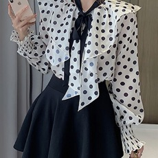 批发HELIAR法式<b class='q'>波点</b><b class='q'>衬衫</b>女荷叶边修身甜美飘带减龄<b class='q'>雪纺</b><b class='q'>衫</b>上衣