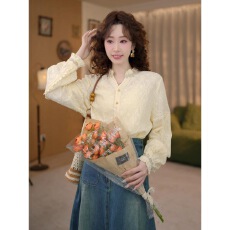 批发2026春港风复古纯色长袖宽松显瘦上衣通勤百搭