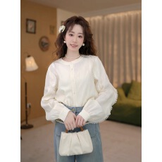 批发知栀【白茉莉】春季清新氛围感纯色衬衫女宽松百搭显瘦长袖上衣