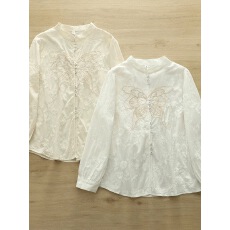 批发2026春秋新款立领长袖衬衫女宽松百搭文艺全棉绣花刺绣蝴蝶衬衣潮