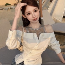 批发粉红丨“娇艳女主”设计感假两件重工烫钻衬衫上衣