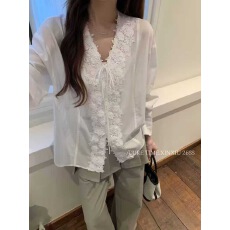 批发春季新款法式V领系带蕾丝刺绣提花衬衫女长袖