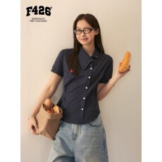 批发柔系美式夏季新款超好看斜领子修身格子衬衫