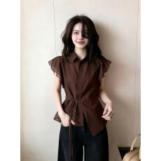 批发设计感咖色小翻领短袖衬衫女2026夏季新款收腰绑带荷叶边气质上衣