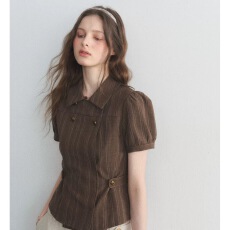 批发SPEAR YOUTH“咖啡屋”条纹双排扣衬衫可调节收腰泡泡袖t恤短袖