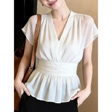 批发白色V领短袖收腰衬衫女夏2026新款小众设计感束腰风优雅气质上衣