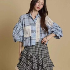 批发韩国东大门女装直供应夏季新款时尚拼接设计格子中袖衬衫上衣女