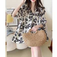 批发夏装新款大码女装中长款甜美花边蓬蓬碎花衬衫娃娃衫