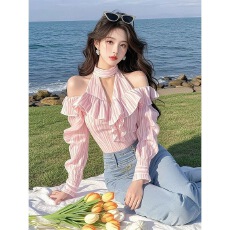 批发2026春季高级感上衣减龄洋气超好看荷叶边设计感粉色条纹露肩衬衫