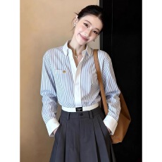 法式蓝白条纹POLO领正肩衬衫女款2026春季新款高级感通勤上衣