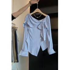 批发<b class='q'>蝴蝶结</b>蓝色条纹荡领<b class='q'>衬衫</b>