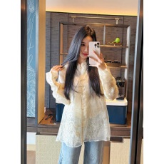 批发杏色蕾丝拼接立领新中式衬衫女春夏新款国风气质<b class='q'>欧根纱</b>超仙薄衬衣