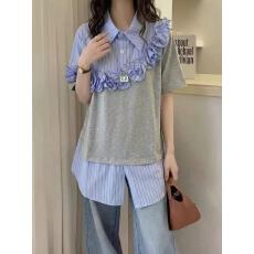 批发夏季新款<b class='q'>韩版</b>设计感减龄撞色拼接高级感<b class='q'>衬衫</b>领显瘦假两件<b class='q'>T</b><b class='q'>恤</b>