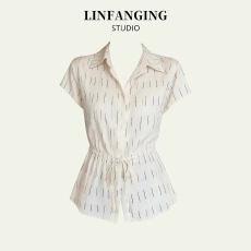批发LINFANGING甜美风白色条纹polo领短袖衬衫女收腰显瘦气质上衣潮