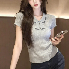 批发<b class='q'>韩</b>系简约学院<b class='q'>风</b>针织衫POLO领设计感小众夏季新款百搭上衣女