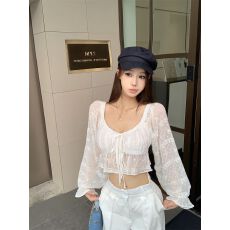 批发纯欲v领蕾丝绑带防晒<b class='q'>长袖</b><b class='q'>衬衫</b>女夏季法式收腰显瘦灯笼袖短款上衣